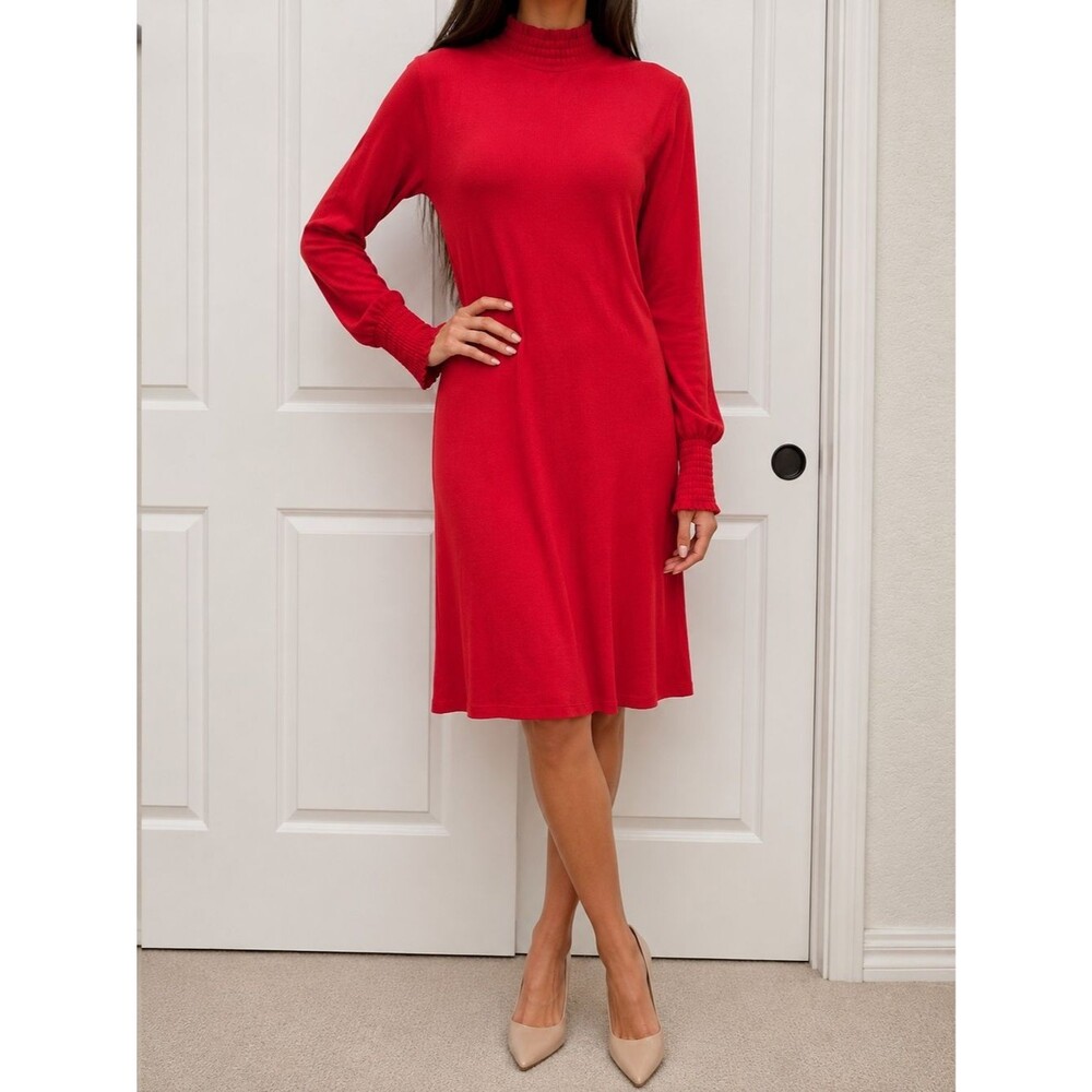 Women's Red Long-Sleeve Knit Dress with Mock Neck